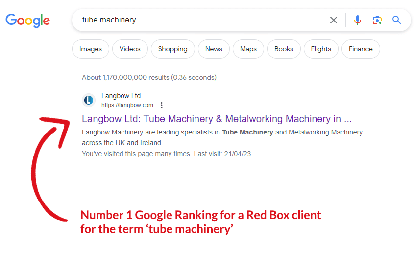 An example screenshot of Langbow, a SEO Clients Ranking 1st in google for a the term 'Tube Machinery'