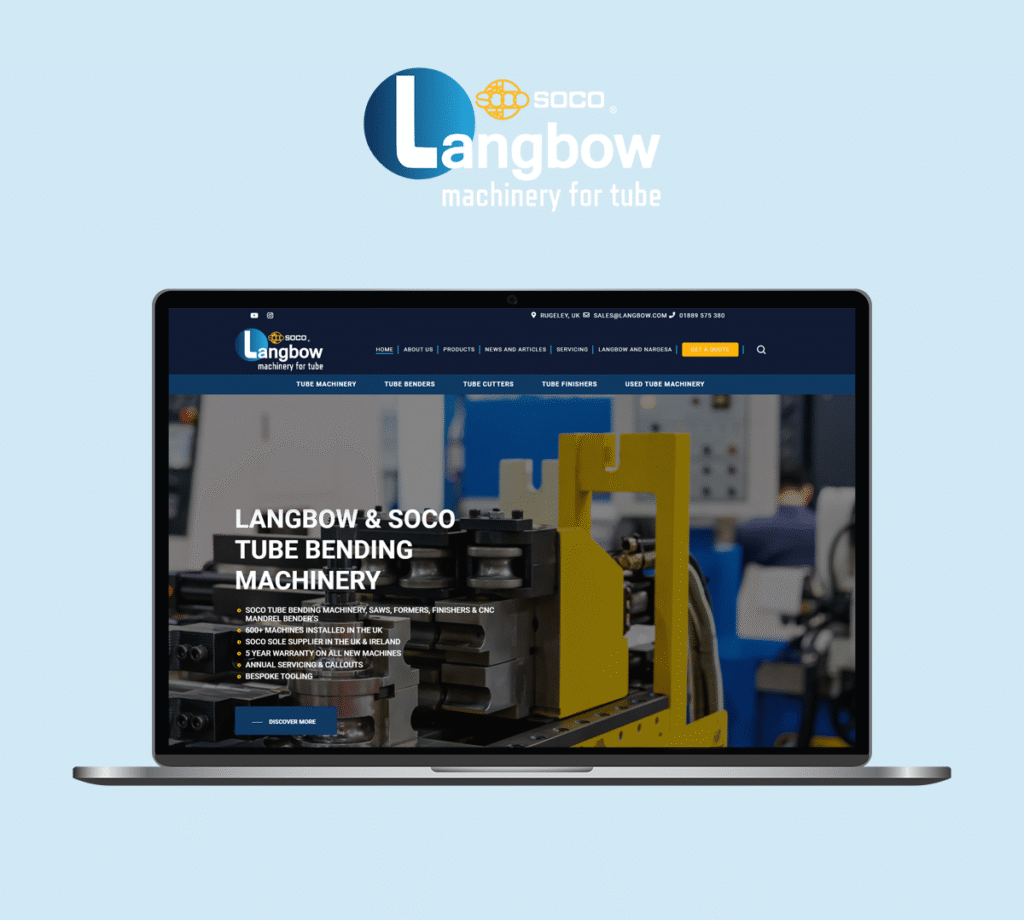 Langbow website displayed on a laptop for industrial machinery manufacturer