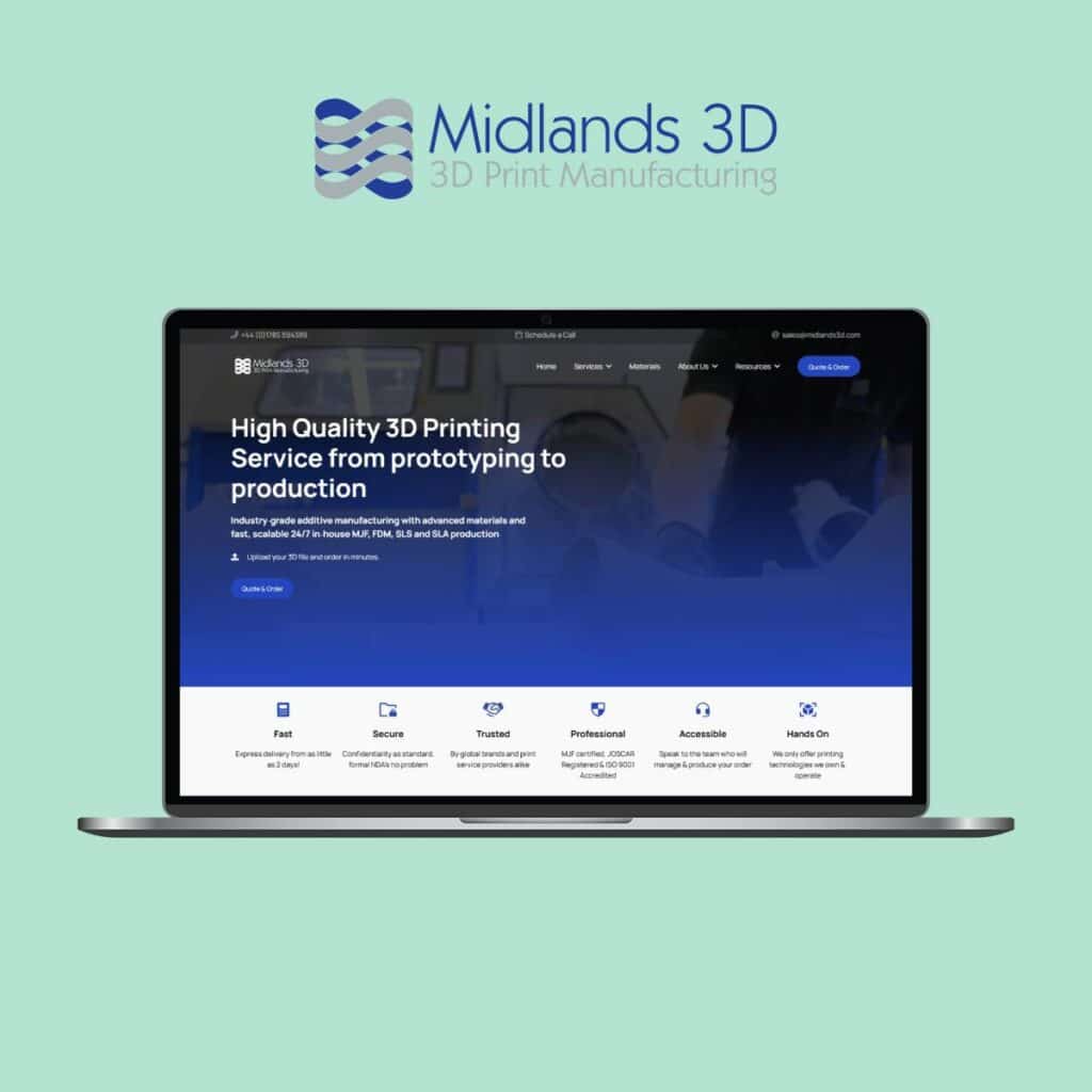 Midlands 3D website design displayed on a laptop screen showing industrial manufacturing layout and services