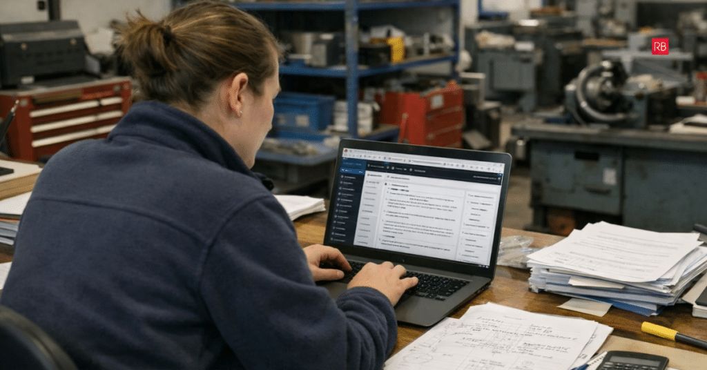 Industrial engineer organising structured website content on a laptop in a workshop environment