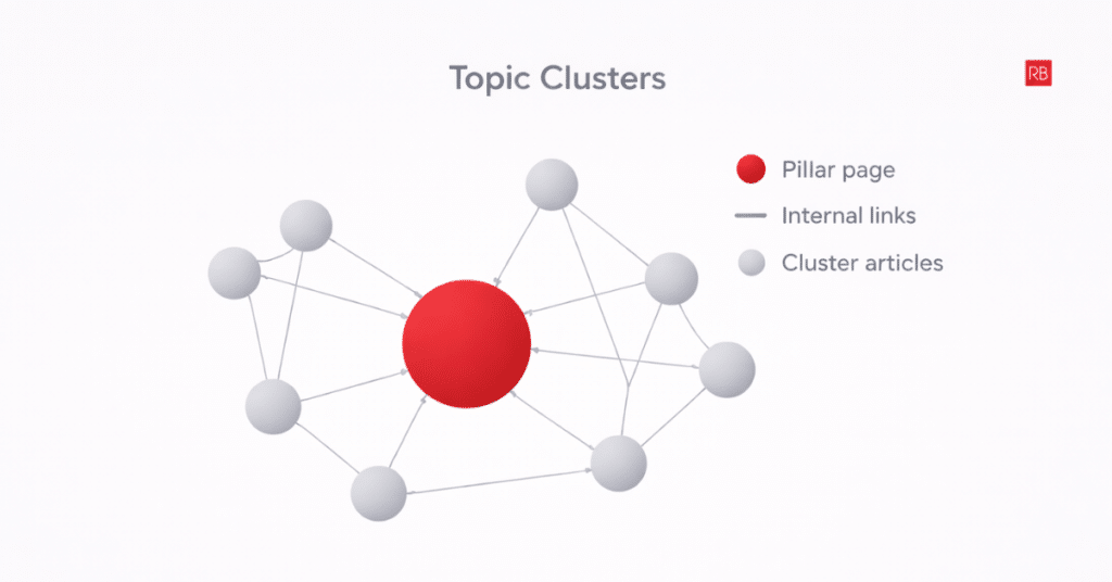 Cluster topic diagram showing a central pillar page connected to multiple supporting content pages