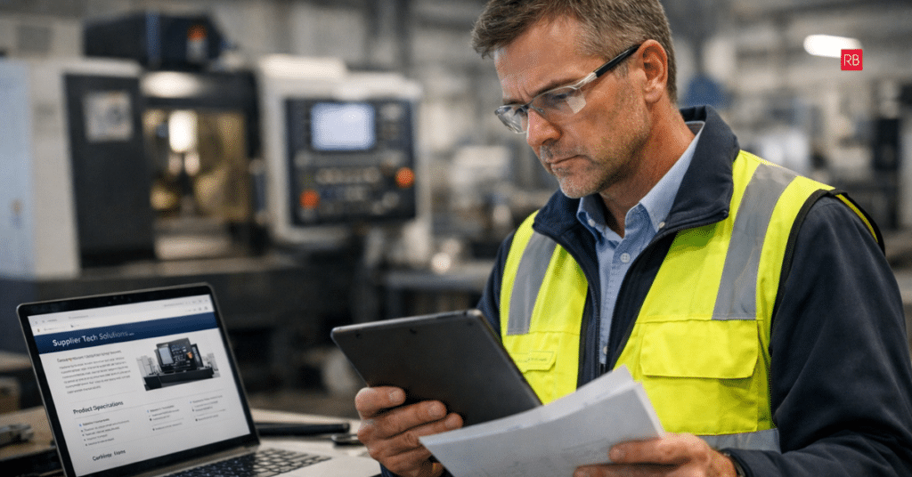 industrial buyer reviewing supplier website information before contacting a company