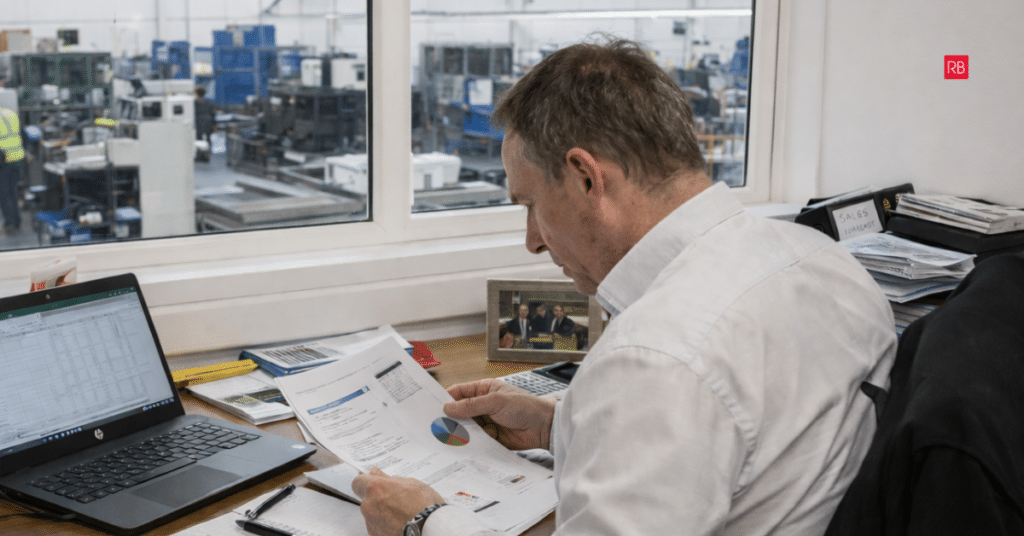 Manufacturing director reviewing costs and performance data in industrial office environment