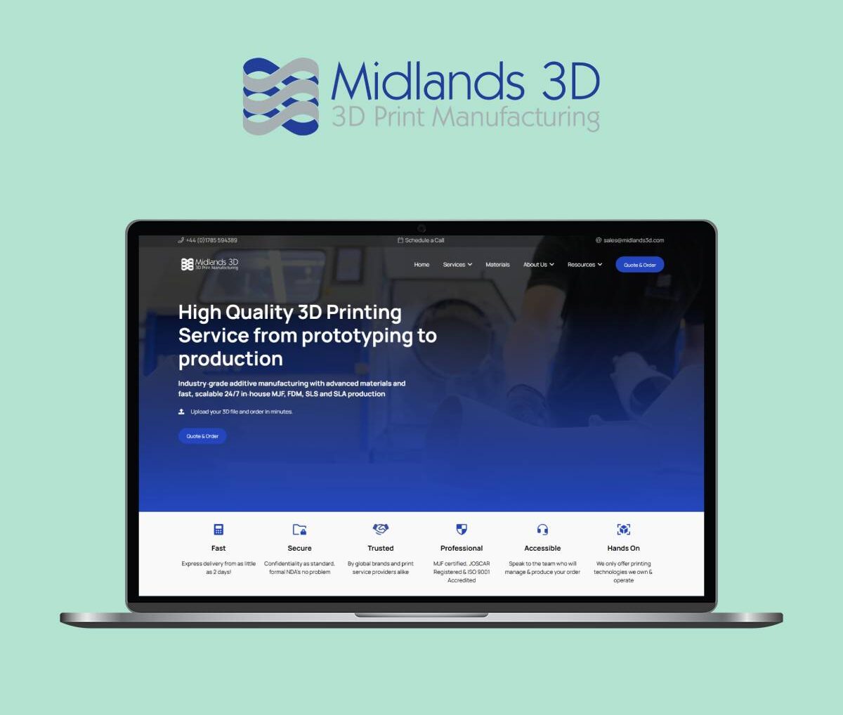 Midlands 3D website design displayed on a laptop screen showing industrial manufacturing layout and services