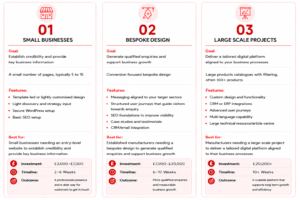 Industrial website cost comparison showing entry-level, lead-generating and bespoke website tiers with pricing, features and timelines